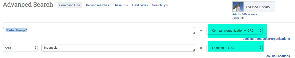 Advanced search in ABI/Inform showing use of organization and location limiters Advanced search in ABI/Inform showing use of organization and location limiters