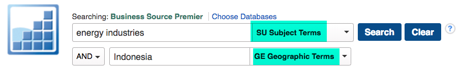 Advanced search in Business Source Premier showing use of industry and geography limiters Advanced search in Business Source Premier showing use of industry and geography limiters