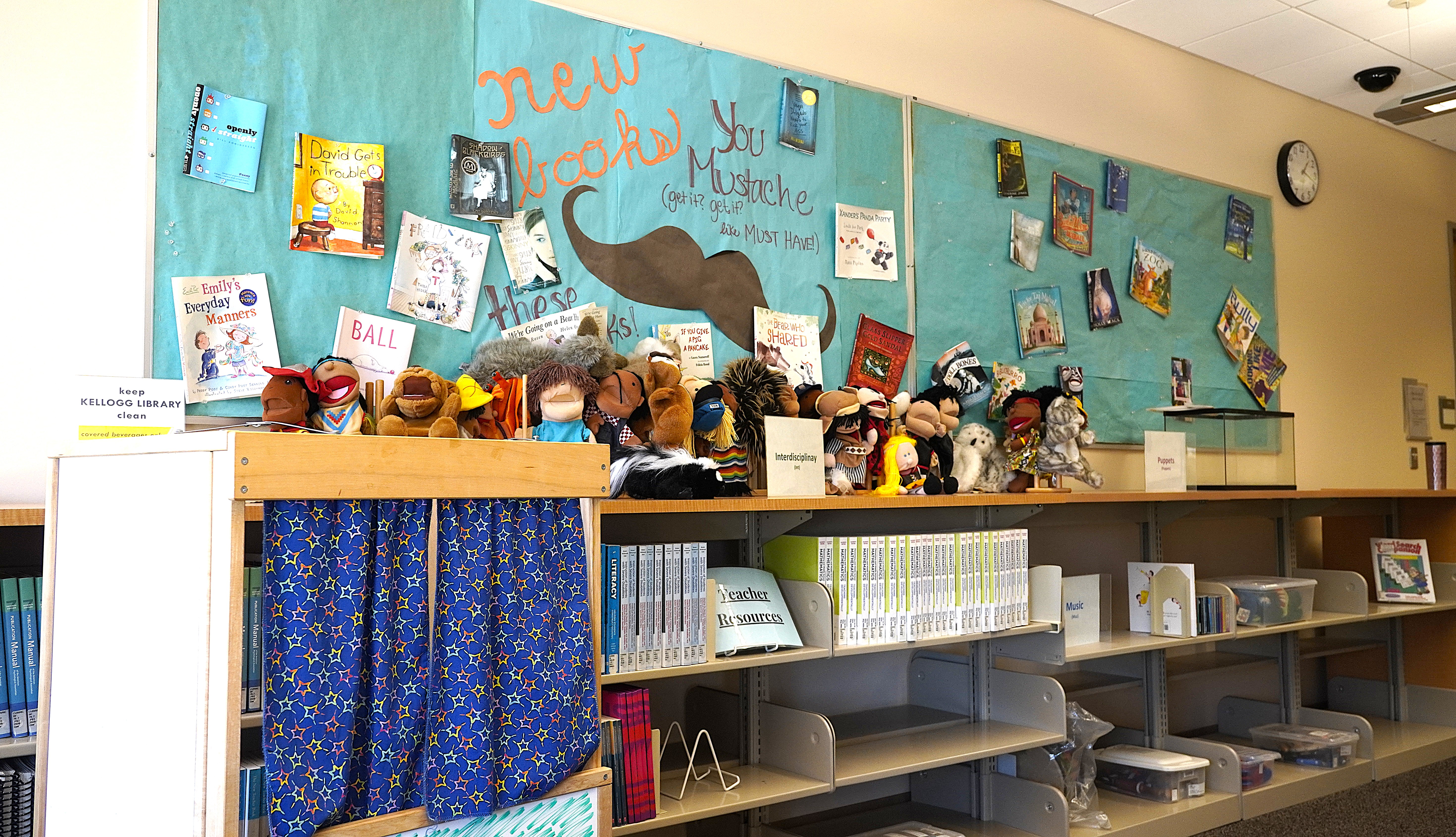 A photo of the curriculum room showing a puppet show stage and shelves with books