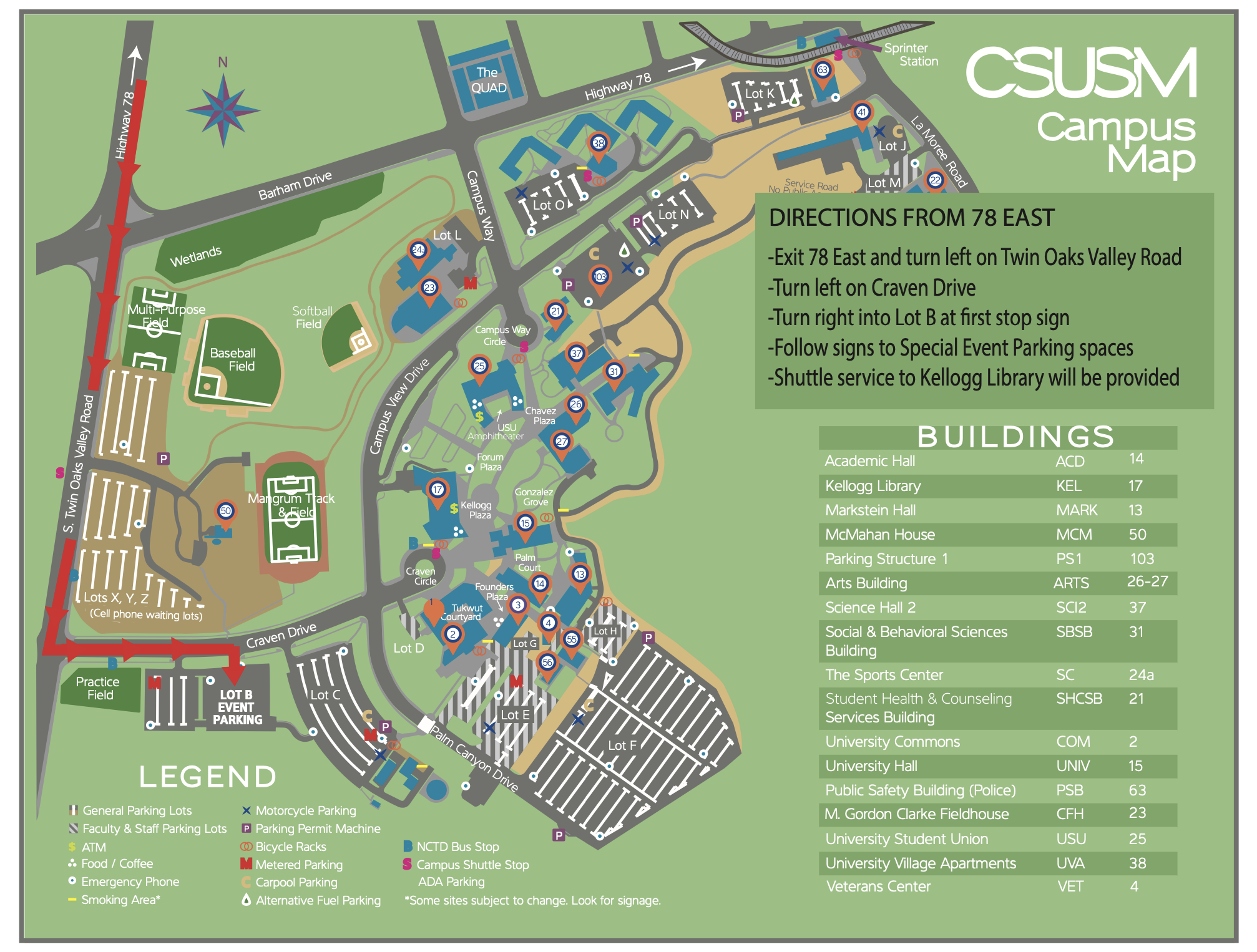 A map of the CSUSM campus showing directions to lot b event parking.