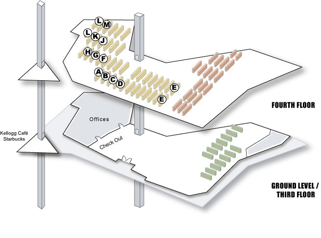 Map of 4th floor layout of CSUSM University Library. Includes call letters for print collection.