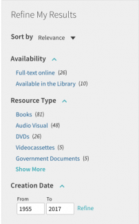 Screenshot showing the refine options in OneSearch