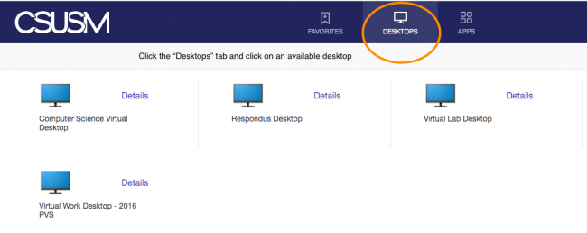 The CougarApps screen showing the Desktop link in the top middle of the screen as well as 4 icons representing remote desktops.