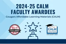 A graphic that reads, "2024-2025 Faculty Awardees" with icons about campus affordable learning materials